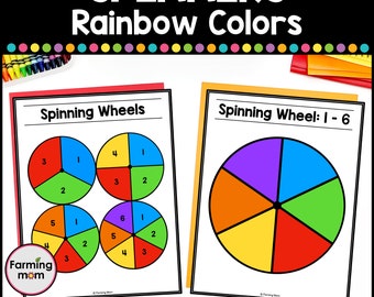 May include: Two printable worksheets for kids to practice spinning wheels. The first worksheet has four spinning wheels with numbers 1-6. The second worksheet has one larger spinning wheel with numbers 1-6. The worksheets are titled "Spinning Wheels" and "Spinning Wheel: 1-6".