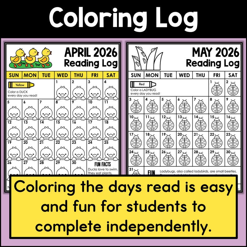 Reading Log for Kids Spring Coloring Pages 2026 Printable Calendar ...