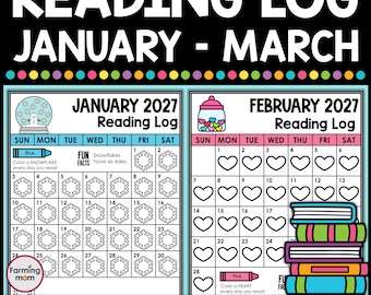 May include: A reading log for January-March 2027 with a snowflake theme for January and a heart theme for February. The log includes spaces to track reading progress, with fun facts and colorful illustrations.