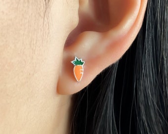 Cute Tiny Carrot Stud Earring, Y2k Quirky Kawaii Food 925 Sterling Silver Jewelry, Gold Plated Small Minimal Mini Studs Gifts for Her