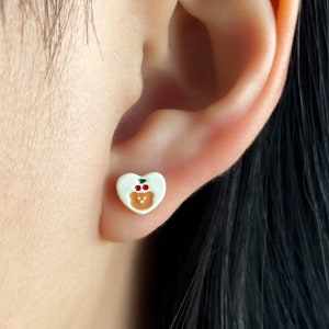 Cute Y2k White Bear Heart Stud Earring, Quirky Kawaii 925 Sterling Silver Jewelry, Gold Plated Small Minimal Mini Studs Gifts for Her image 1