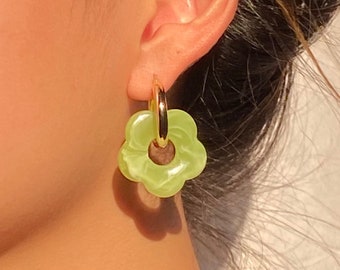 Waterproof Green Flower Hoop Earrings, .925 Sterling Silver 18k Gold and Silver Earring, Non-Tarnish Dainty Minimal Jewelry, Resin Earrings