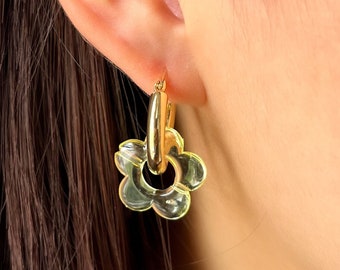 Waterproof Mini Yellow Flower Hoop Earrings, .925 Sterling Silver 18k Gold and Silver Earring, Non-Tarnish Dainty Jewelry, Resin Earrings