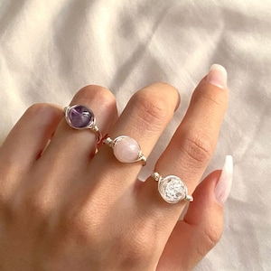 BUNDLE DEAL! Natural Crystal Wire Wrapped Rings, Amethyst, Pink Rose Quartz, Clear Quartz, Gold and Silver Handmade Healing Gemstone Ring