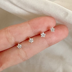 Tiny CZ Rhinestone Flower Star 925 Sterling Silver Stud Earrings, Gold Plated Minimal Tiny Small Mini Stud Earrings Valentines Gifts for Her