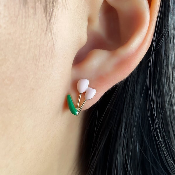 Pastel Pink Tulip Stud Earring, Y2k Spring Floral Kawaii 925 Sterling Silver Jewelry, Gold Plated Small Minimal Mini Studs Gifts for Her