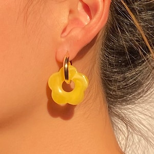 Waterproof Yellow Flower Hoop Earrings, .925 18k Gold and Silver Earring, Non-Tarnish Dainty Minimal Jewelry, Resin Earrings