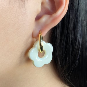 Waterproof White Flower Hoop Earrings, .925 Sterling Silver 18k Gold and Silver Earring, Non-Tarnish Minimal Jewelry, Resin Earrings