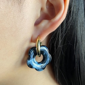 Waterproof Black Marble Flower Hoop Earrings, .925 Sterling Silver 18k Gold and Silver Earring, Non-Tarnish Minimal Jewelry, Resin Earrings