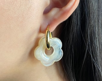 Beige Resin Flower Hoop Earrings, 18k Gold Plated Sterling Silver
