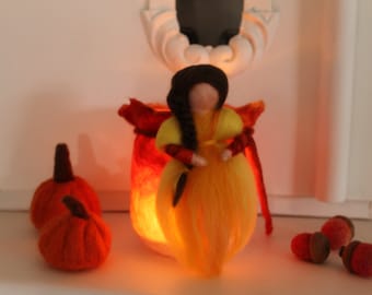 Lantern felt, felt lantern, lantern with felted fairy, autumn decoration, optionally with pumpkins and acorns, felt lantern