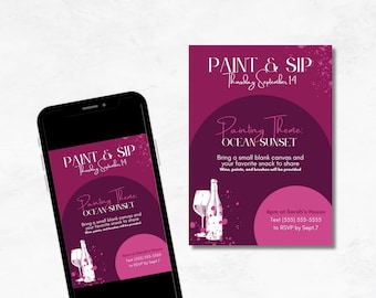 Paint & Sip Party Invitation Canva Template | Wine Night | Ladies Night