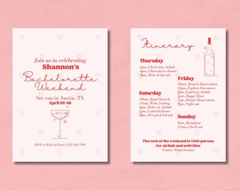 Heart Themed Bachelorette Party Invitation Canva Template | Itinerary