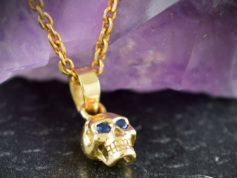 Gold tiny skull charm, 10k, 14k and 18k gold skull with natural stones , Cool gift for her Sapphire