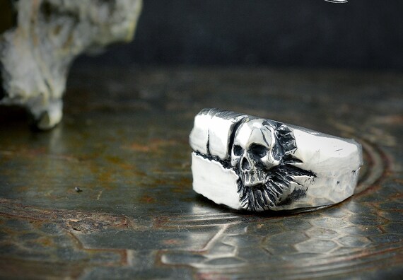 Sterling silver Skull ring 13 Outlaw Biker symbol on Vampire Skull with  Green enamel high polished