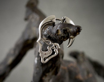 Profile skull hoop earring in solid Sterling silver, False dilator