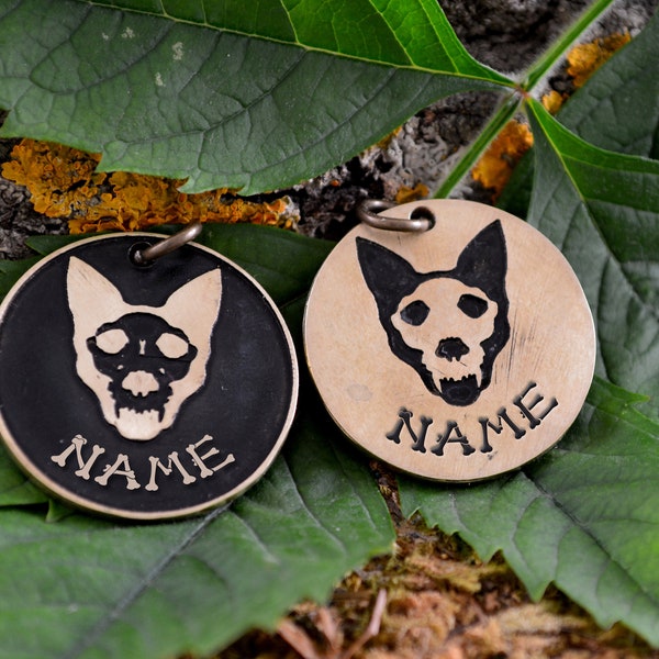 Pet tag skull dog with name engraved, Personalized Identification plate