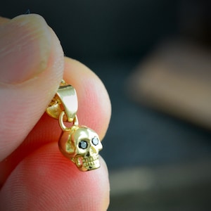 14K Gold tiny skull charm with natural stones, Cool gift for him
