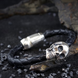 Silver and leather skull bracelet,  Cool Father Day gift