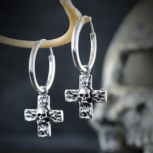Viking cross with skull hoop earring in Sterling silver and hammered textures
