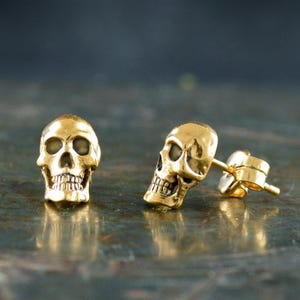 Gold tiny skull earrings, 10k, 14k and 18k gold, Skull with stones