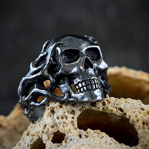Anel de caveira de prata com tentáculos, anel Memento mori