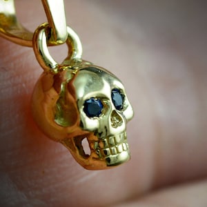 Gold tiny skull charm, 10k, 14k and 18k gold skull with natural stones , Cool gift for her black diamond