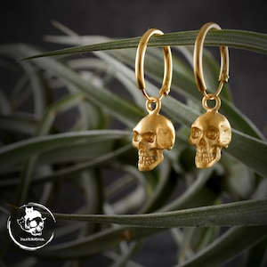 Silver hoop earring skull in gold plated, Skull wedding earrings