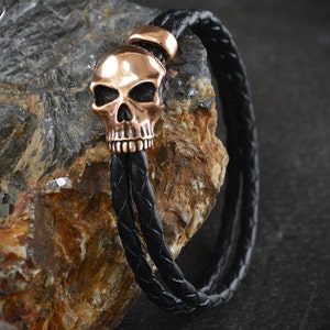 Skull bracelet in bronze and braided leather, Skull Christmas gift