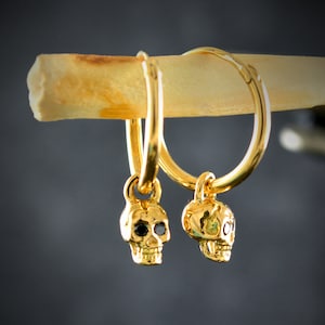 Gold tiny skull hoop earrings, 14k gold skull hoops, 18k hoop earrings for men