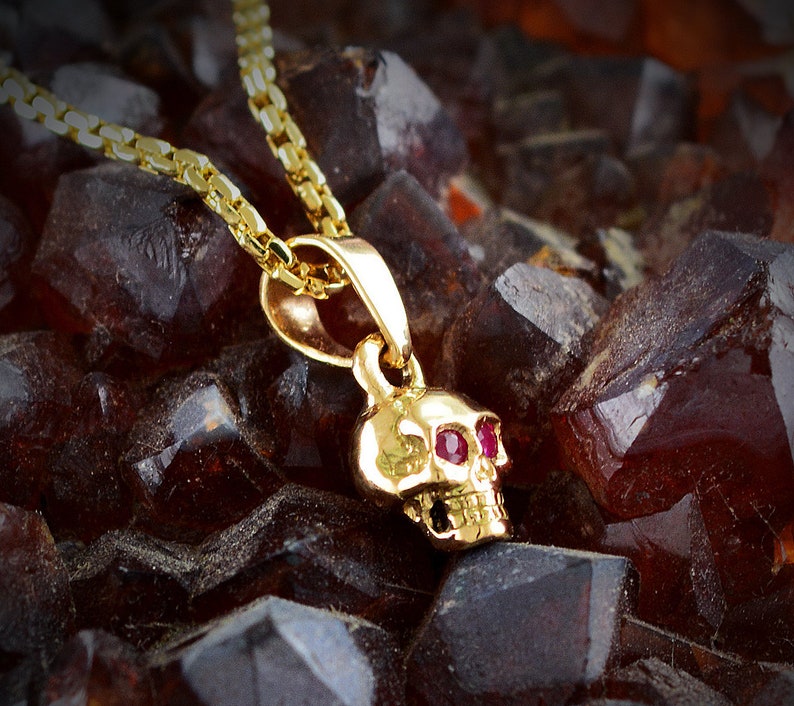 Gold tiny skull charm, 10k, 14k and 18k gold skull with natural stones , Cool gift for her Ruby