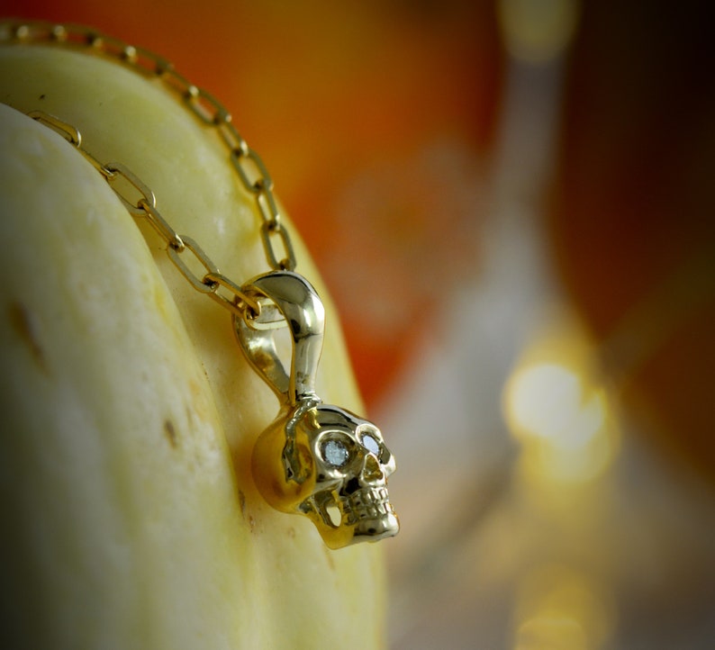 Gold tiny skull charm, 10k, 14k and 18k gold skull with natural stones , Cool gift for her white diamond