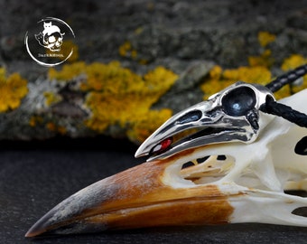 Silver Raven skull pendant with natural stone, Viking pendant