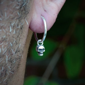Tiny skull hoop earring in Sterling silver, Punk earrings, Whimsigoth