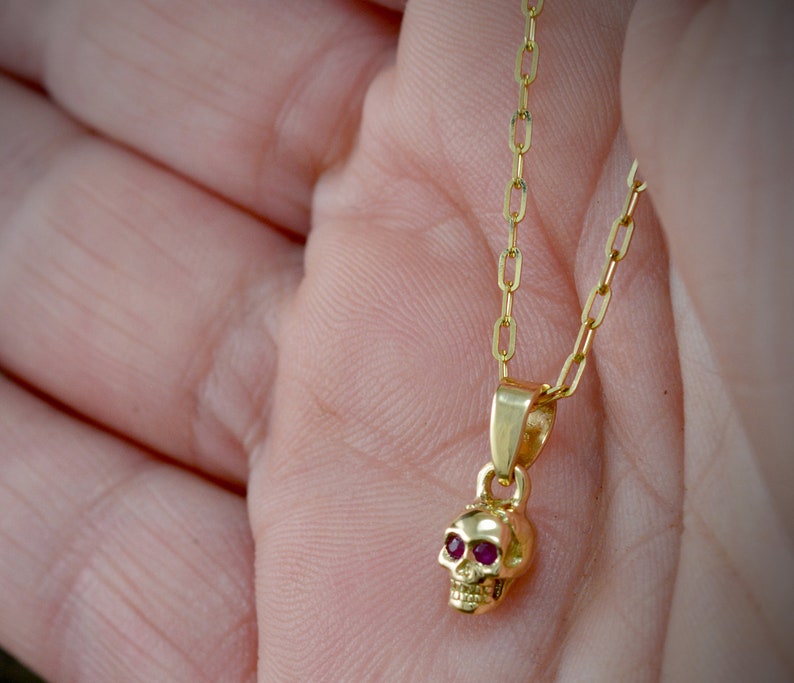 Gold tiny skull charm, 10k, 14k and 18k gold skull with natural stones , Cool gift for her image 7