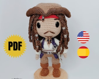 Captain Jack Sparrow, Fluch der Karibik Amigurumi-Muster, Amigurumi-Muster Englisch-Spanisch