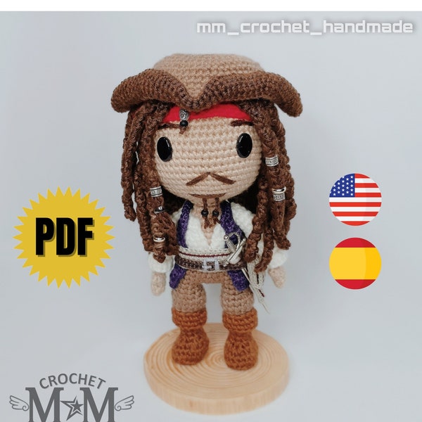 Captain Jack Sparrow, Fluch der Karibik Amigurumi-Muster, Amigurumi-Muster Englisch-Spanisch