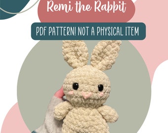 Remi the rabbit, crochet amigurumi bunny pattern, low-sew crochet pattern