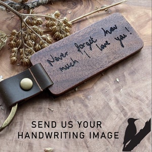 Personal Handwritten Message Keyring - Personalized Walnut Wood Key Chain - Leather Loop - 3rd Anniversary Birthday Gift for Him or Her