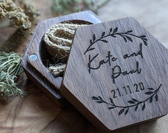 Wedding Personalised Engraved ring box proposal ring bearer I do custom design wooden initials name date Mr and Mrs ring pillow gift hexagon