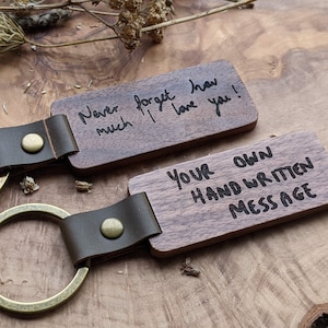 Personal Handwritten Message Keyring - Personalized Walnut Wood Key Chain - Leather Loop - 3rd Anniversary Birthday Gift for Him or Her