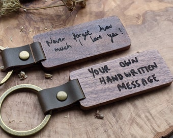 Personal Handwritten Message Keyring - Personalized Walnut Wood Key Chain - Leather Loop - 3rd Anniversary Birthday Gift for Him or Her