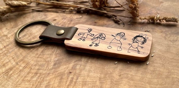 Child's Drawing Personalised Engraved Keyring - Personalized Mother's day Gift - Leather Loop - 3rd Anniversary Birthday Gift for Him or Her