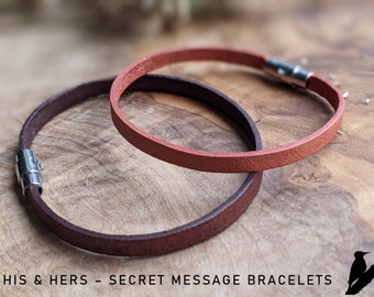 His and Hers Secret Message Bracelets (Pair) Hidden Message, Personalised Real Leather Bracelet, Personalised Couples Gift for Her or Him