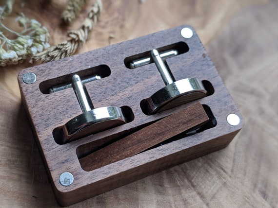 Personalised Cufflinks and Tie Clip Set With Wooden Box Wedding Gift Anniversary Cuff Links Gifts for Groom Special Place Stag Custom Design