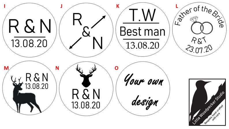 May include: A set of 10 round, black and white wedding favor stickers with various designs. The designs include a deer, a ring, a heart, and the text "R&N" and "T.W. Best man".