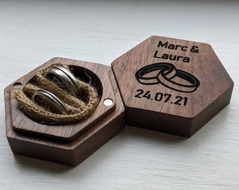 Bruiloft gepersonaliseerde gegraveerde ring doos voorstel ring drager ik doe aangepaste ontwerp houten initialen naam datum de heer en mevrouw ring kussen cadeau zeshoek