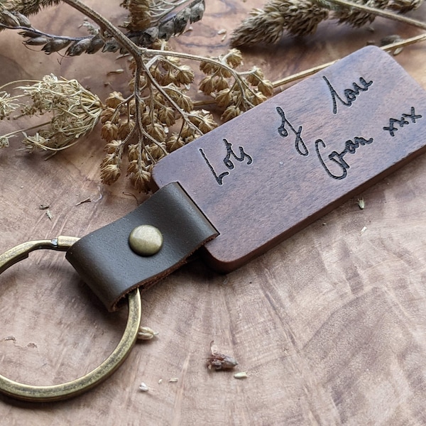Personal Handwritten Message Keyring - Personalized Walnut Wood Key Chain - Leather Loop - 5th Anniversary Birthday Gift for Him or Her
