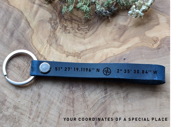 PERSONALIZED Leather KEYCHAIN, Coordinates Key Chain, 3rd Anniversary, Gift  for Birthday, Keyfob, Best Gift