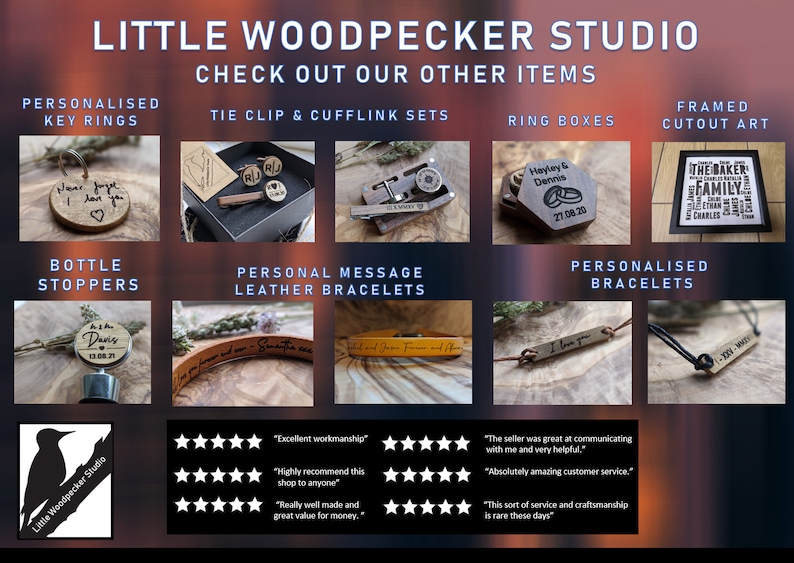 Puede incluir: Una colecci&oacute;n de regalos de madera personalizados, que incluyen llaveros, clips para corbata, gemelos, tapones para botellas, pulseras de cuero, cajas de anillos y arte recortado enmarcado. La imagen tambi&eacute;n incluye rese&ntilde;as de clientes con calificaciones de cinco estrellas.